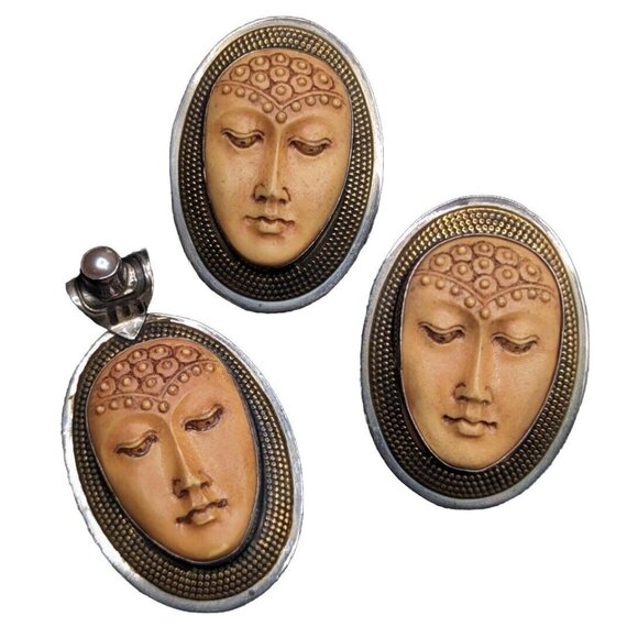 Tabra Guan Yin Buddha Goddess Resin Face Sterling Silver Earrings Pendant Set - Picture 1 of 16